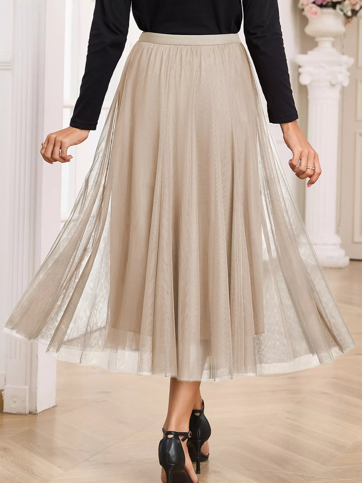 Trendsi Tulle Mesh Overlay Flared Midi Skirt -