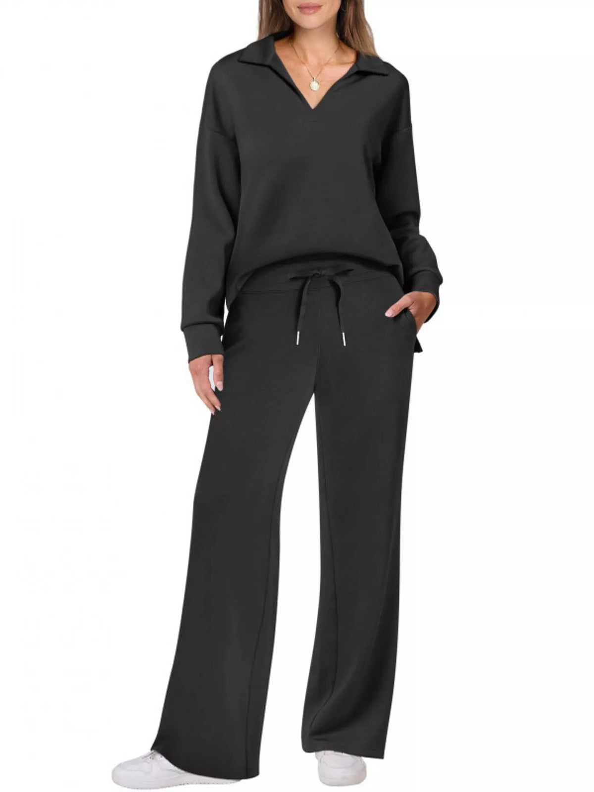 Top and drawstring pants set, black front