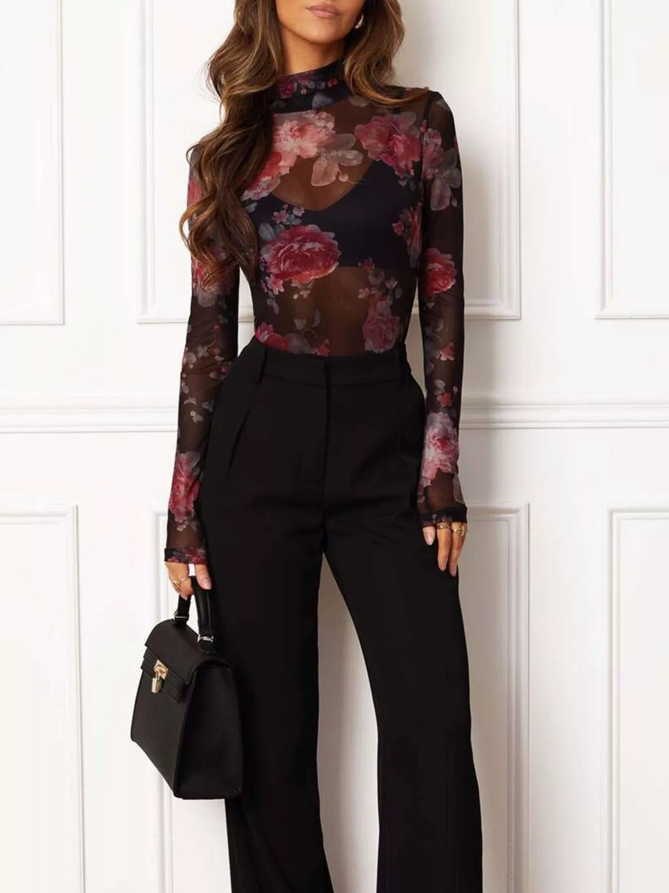 Trendsi Floral Print Sheer Mesh Long Sleeve Mock Neck Top -