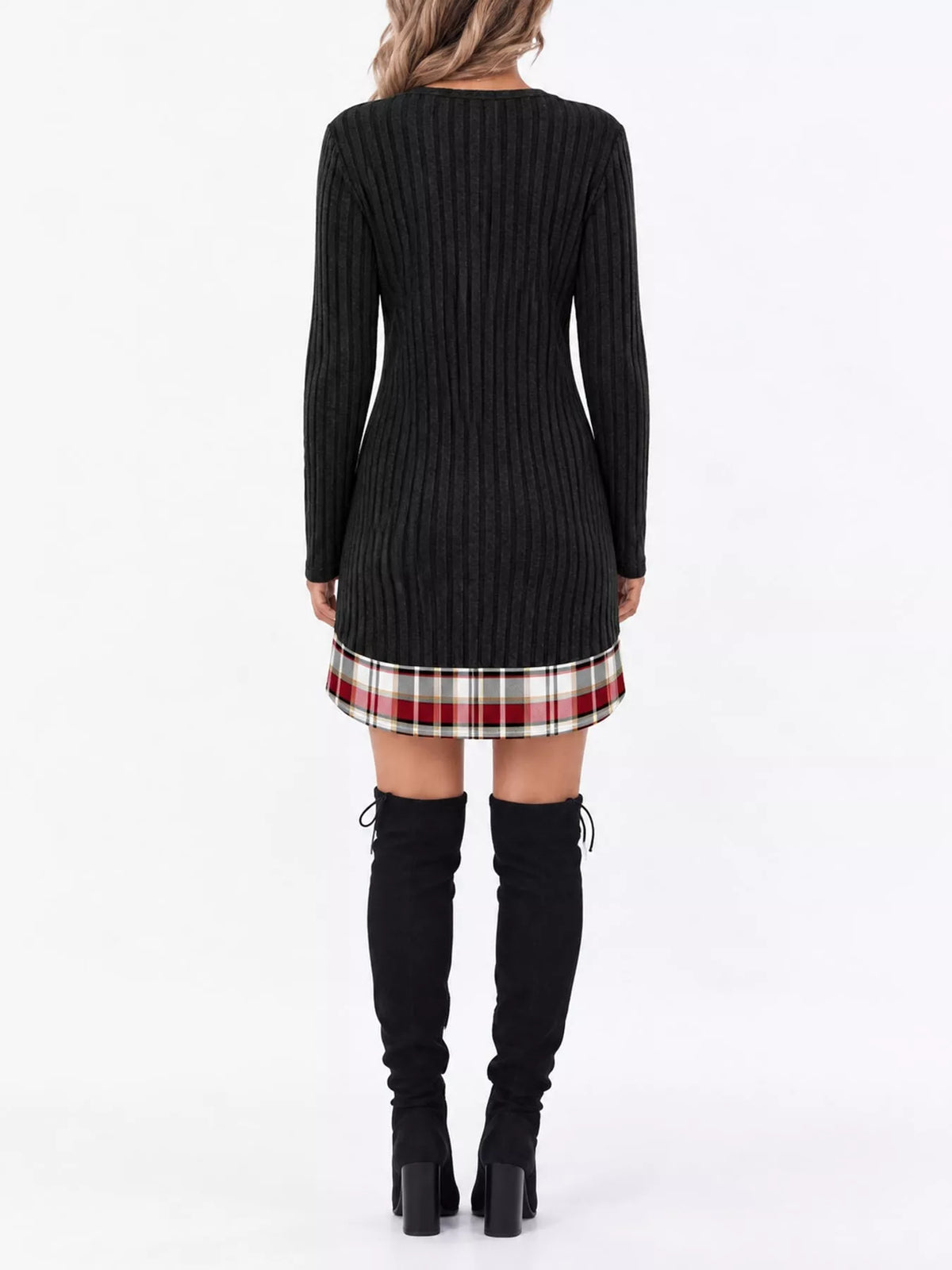 Round neck long sleeve mini dress, back view