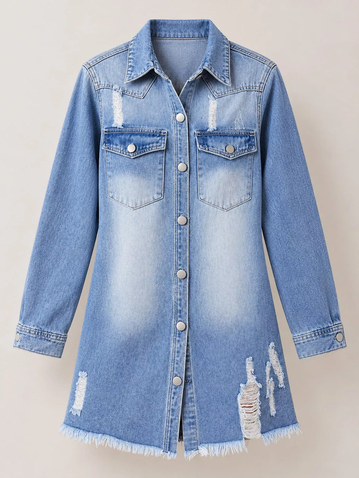 Light Blue distressed frayed hem longline denim jacket
