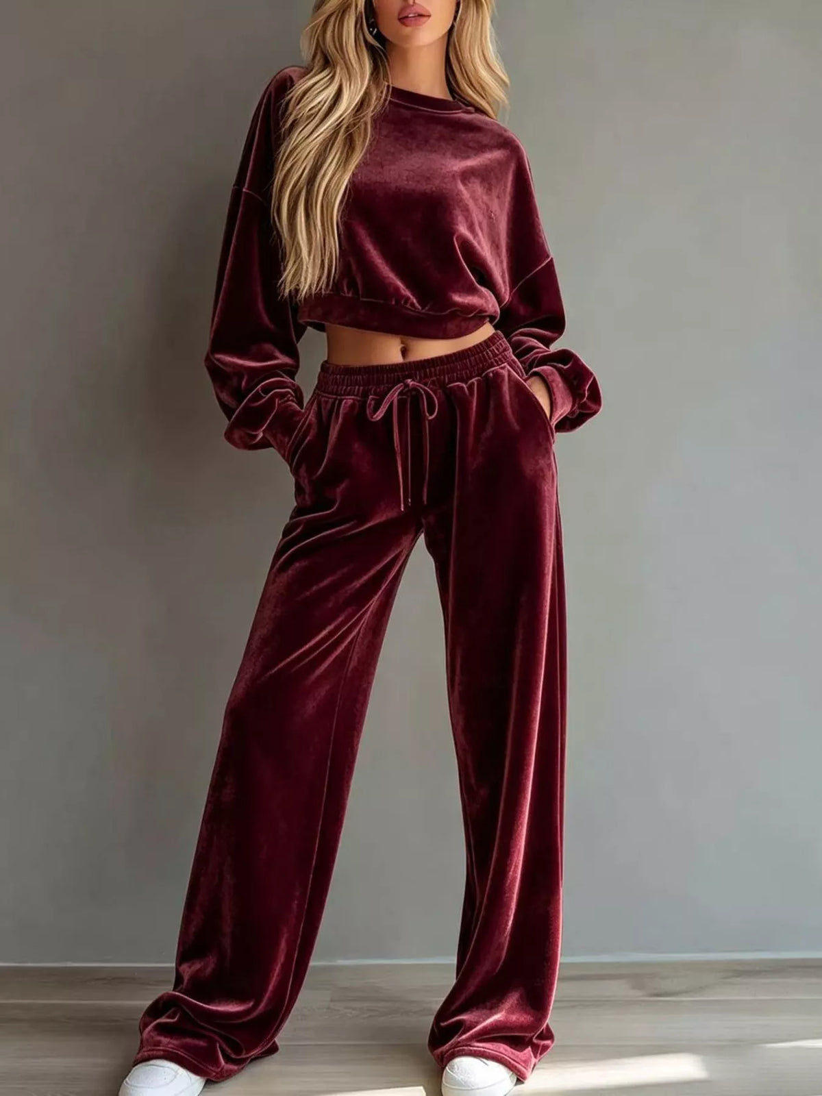 Burgundy Cropped Sweatshirt & Wide-Leg Pants Set front view