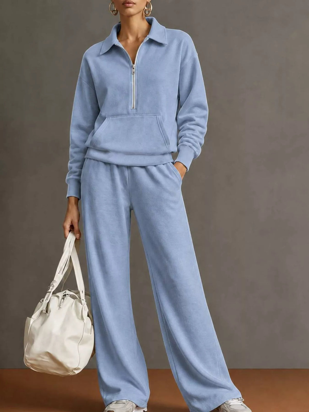 Half Zip Long Sleeve Top and Pants Set — front view
