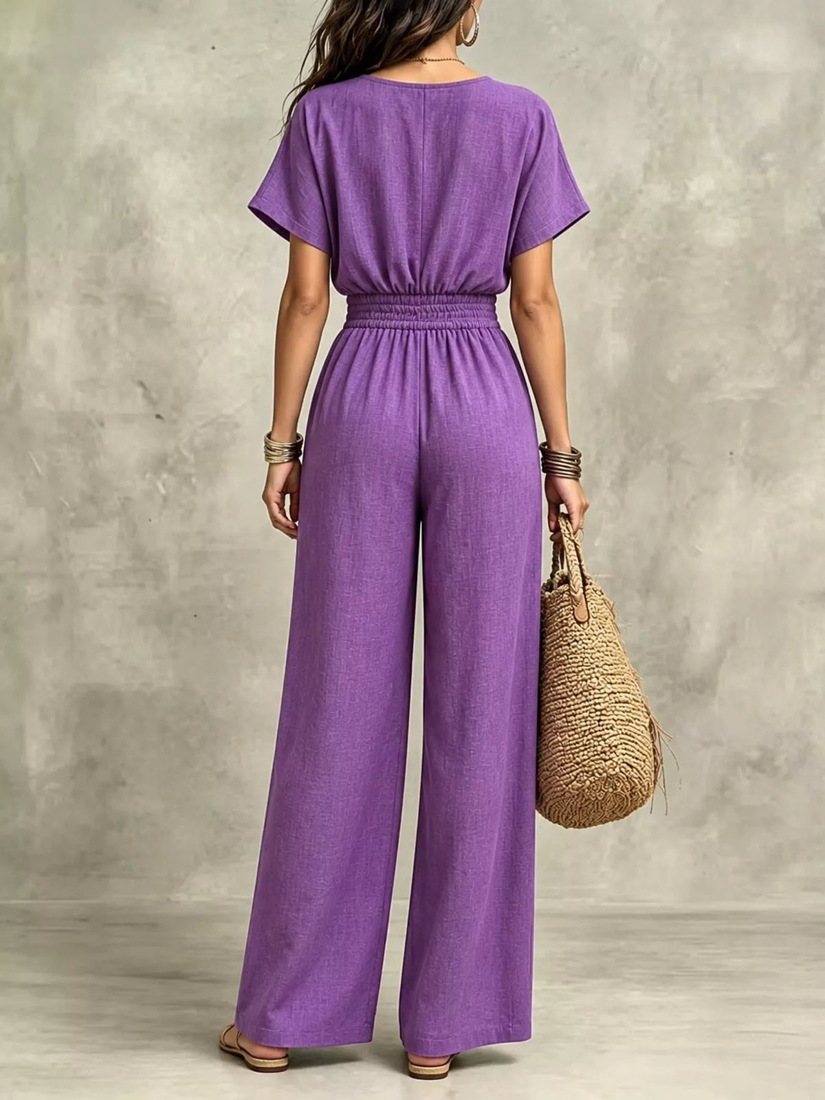 Wide-leg short-sleeve jumpsuit, back view