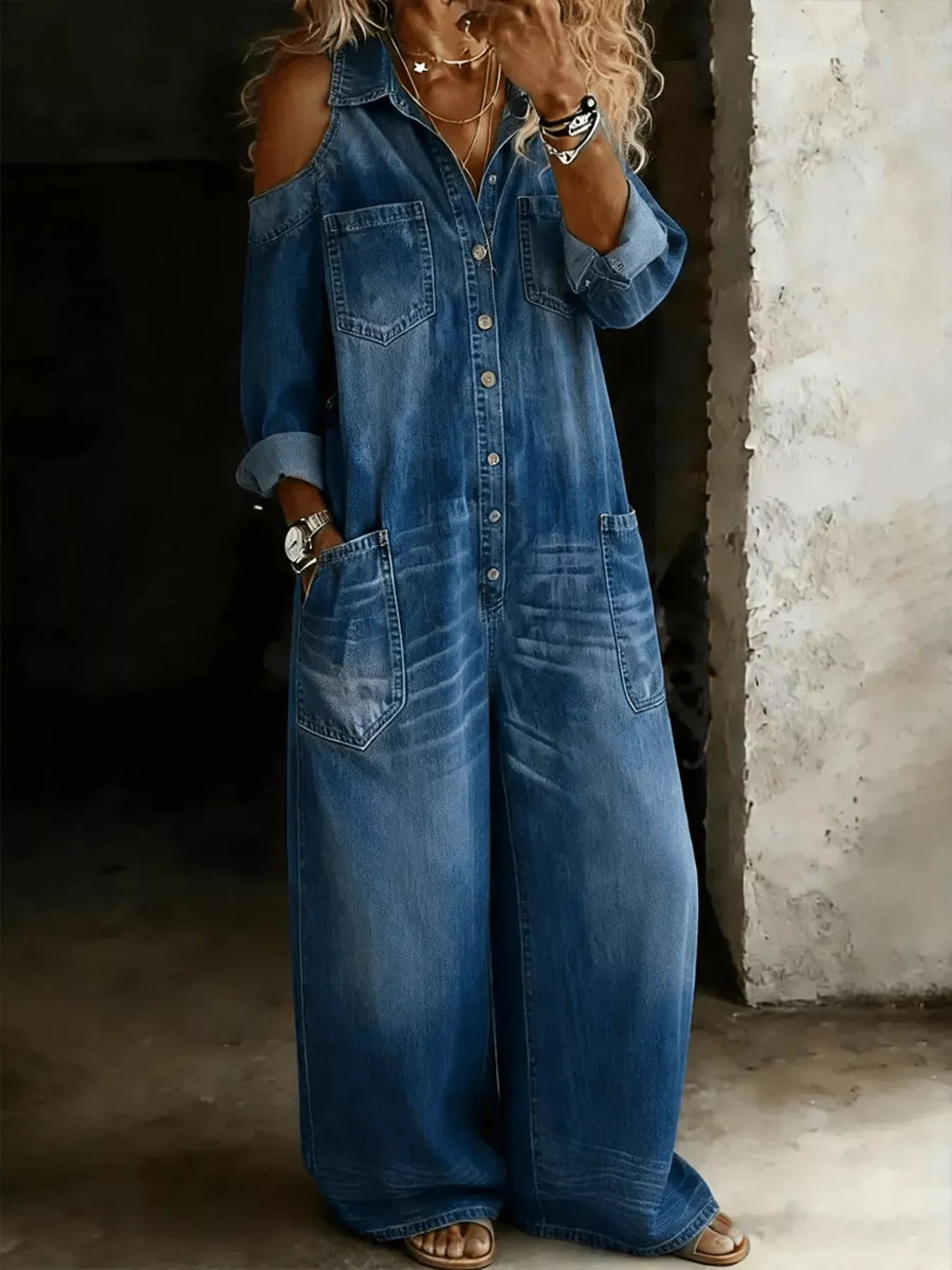 Trendsi Full Size Cold Shoulder Button Front Denim Jumpsuit Plus Size -