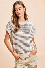 Trendsi BiBi Pointelle Stripes Sleeveless Drop Shoulder Lightweight Sweater Top -