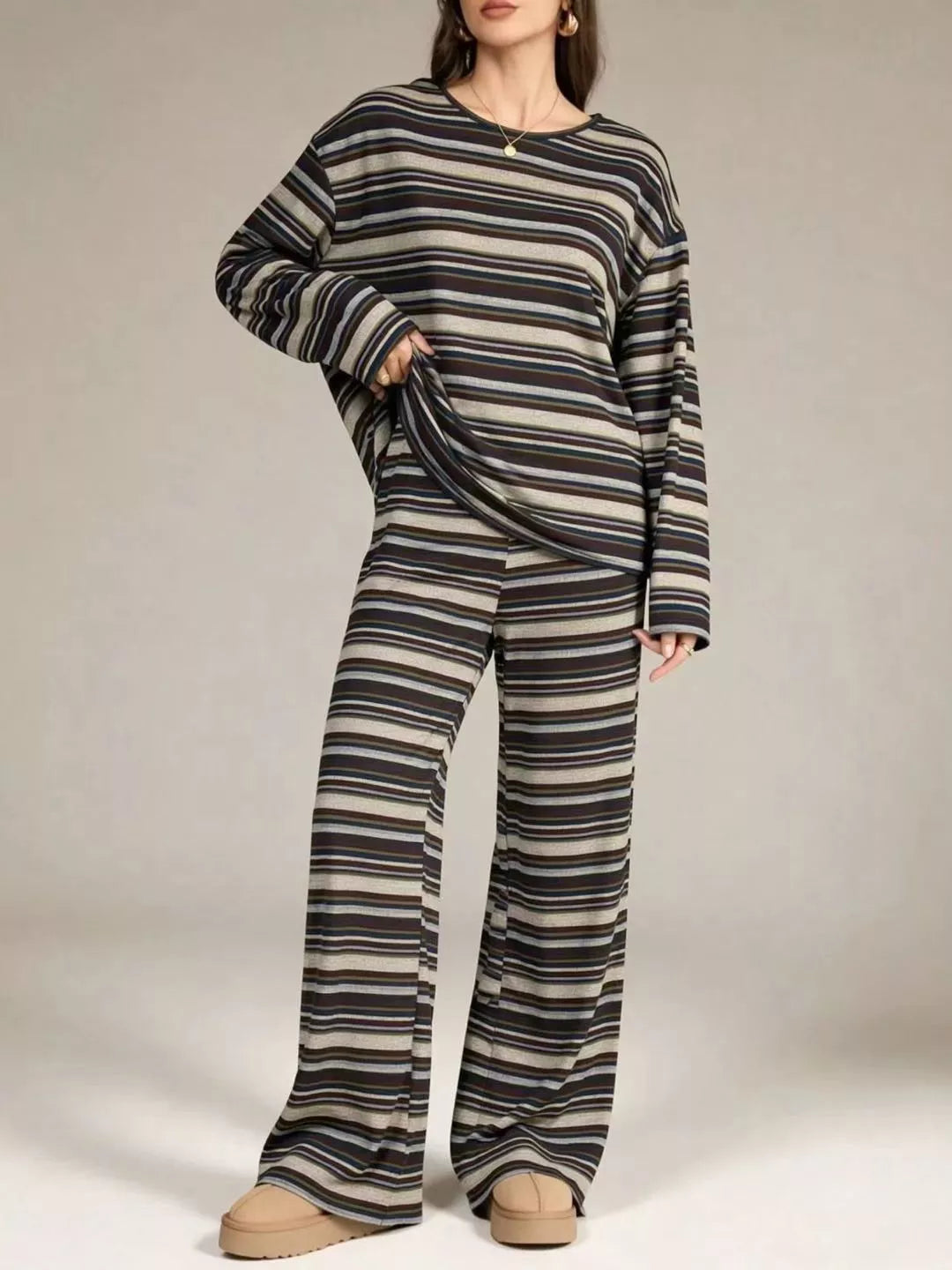 Trendsi Striped Long-Sleeve Top and Wide-Leg Pants Set -