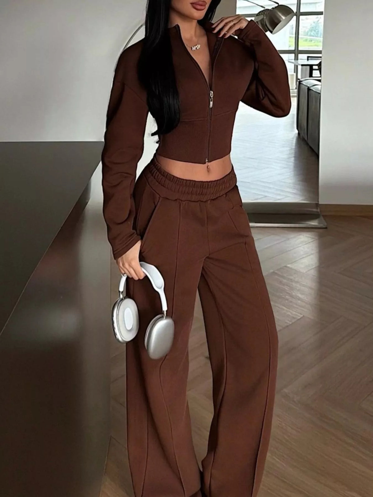 Trendsi Zip-Up Crop Jacket and Wide-Leg Pants Set -