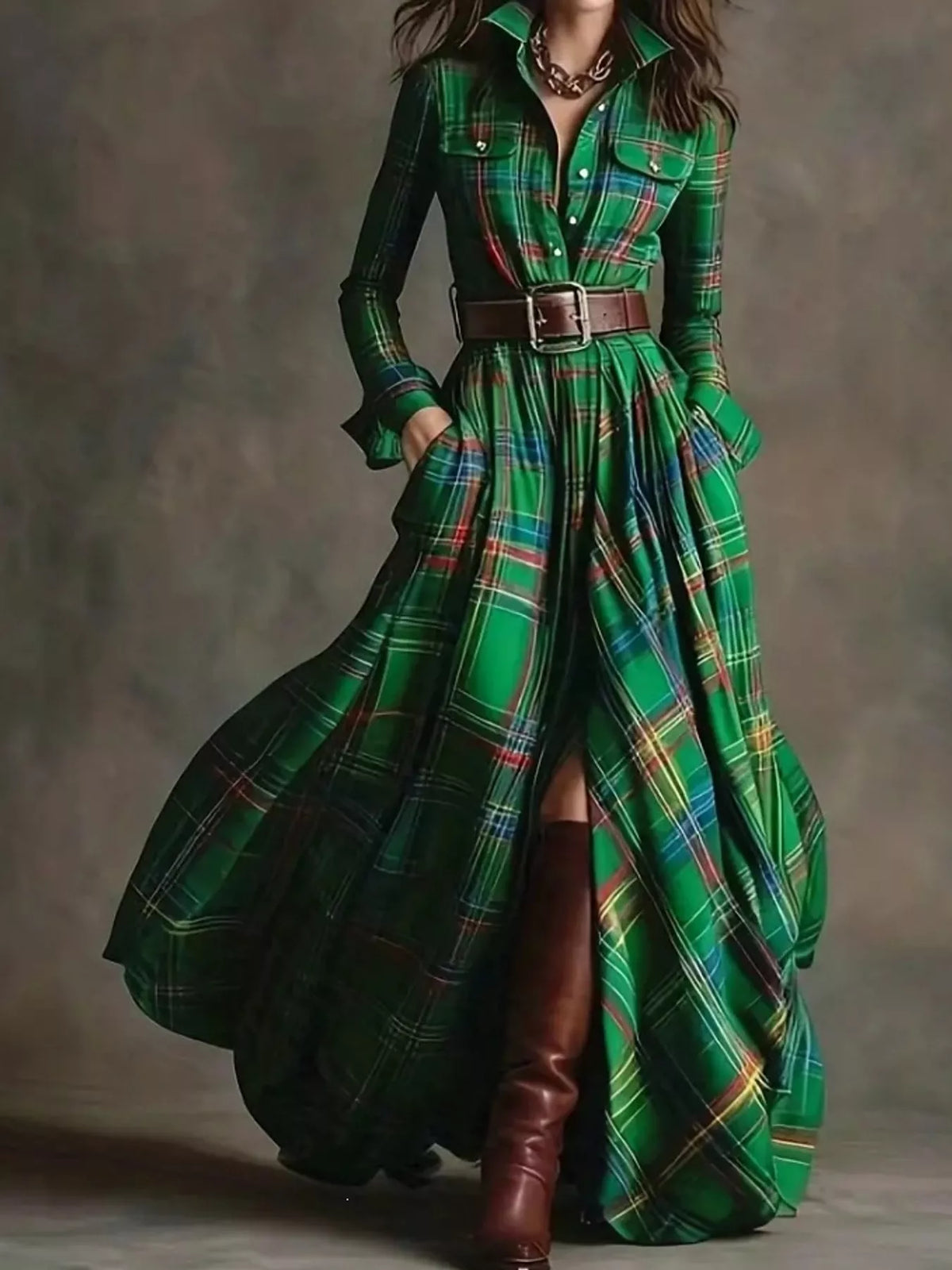 Vintage Plaid Button-Down Maxi Shirt Dress in green