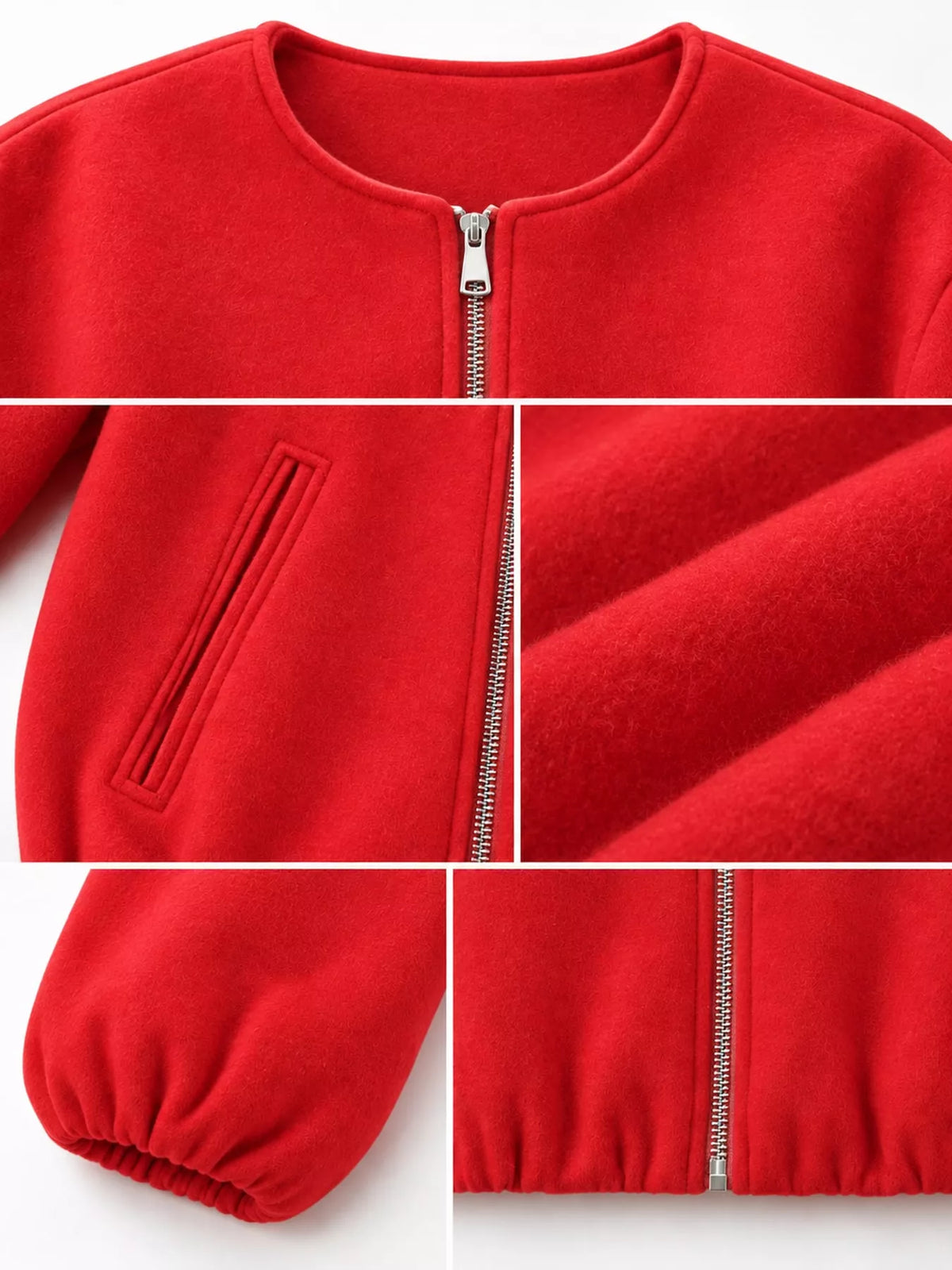 Red zip-up long sleeve jacket — design and construction details
