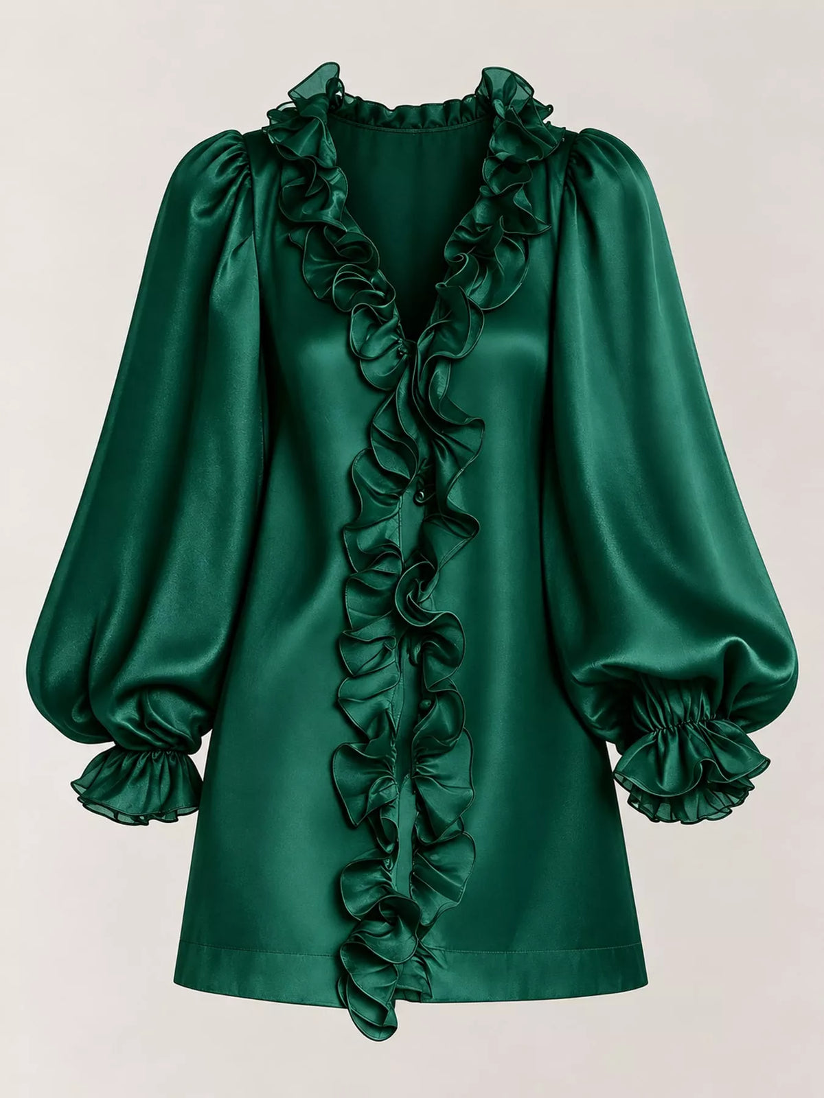 Ruffle Trim Puff Sleeve Mini Dress in green, front view