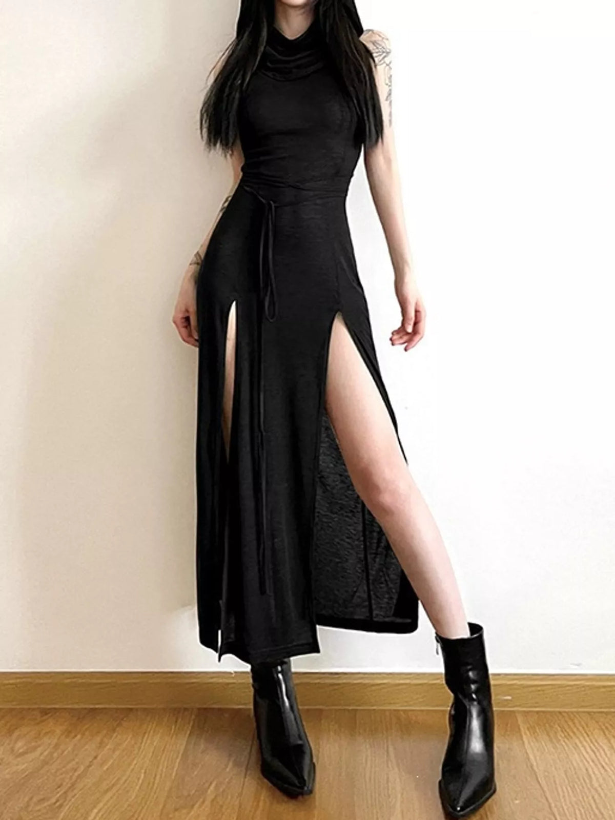 Black sleeveless high slit hooded maxi dress, front view