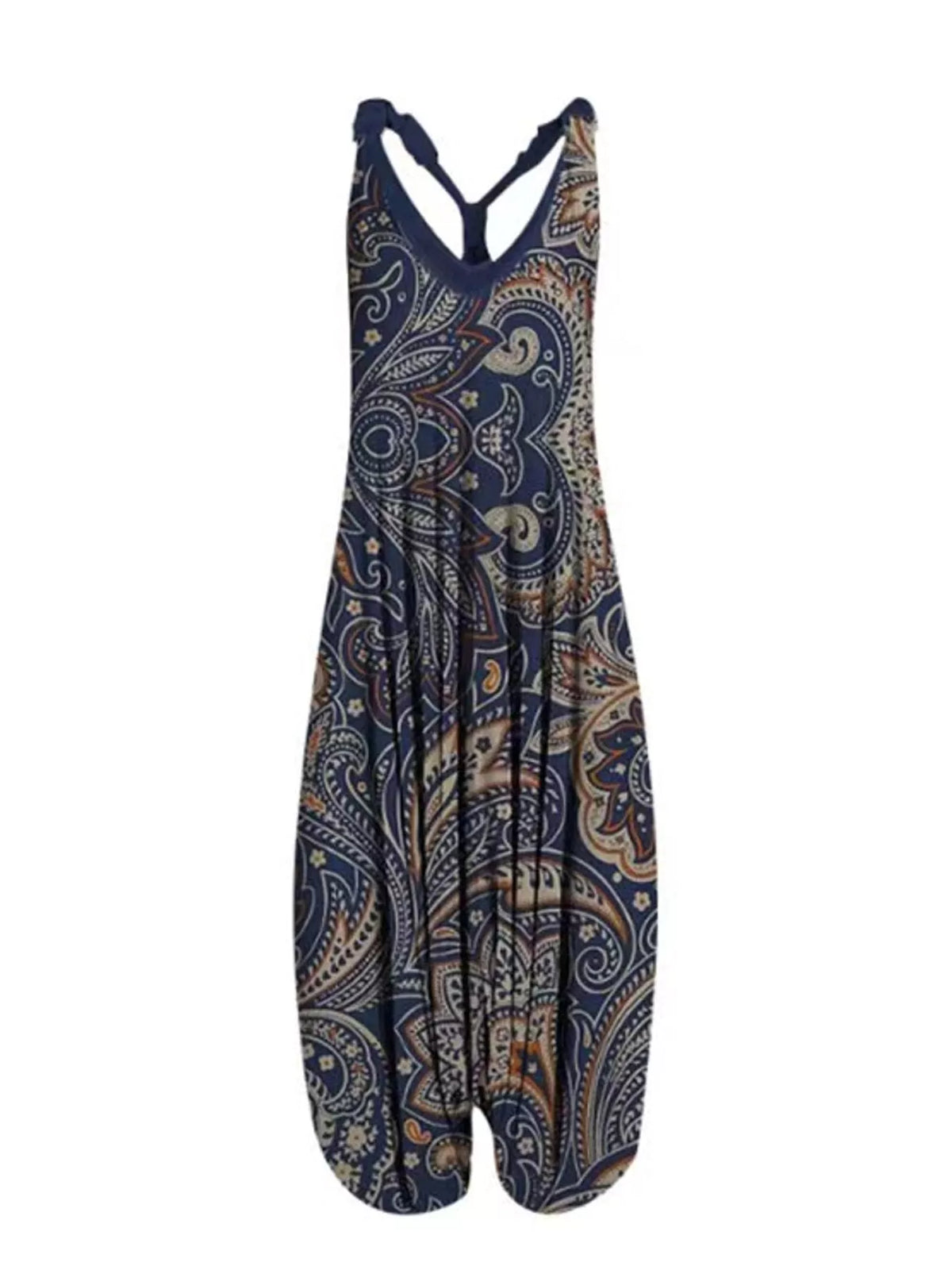 Navy paisley-print V-neck sleeveless jumpsuit