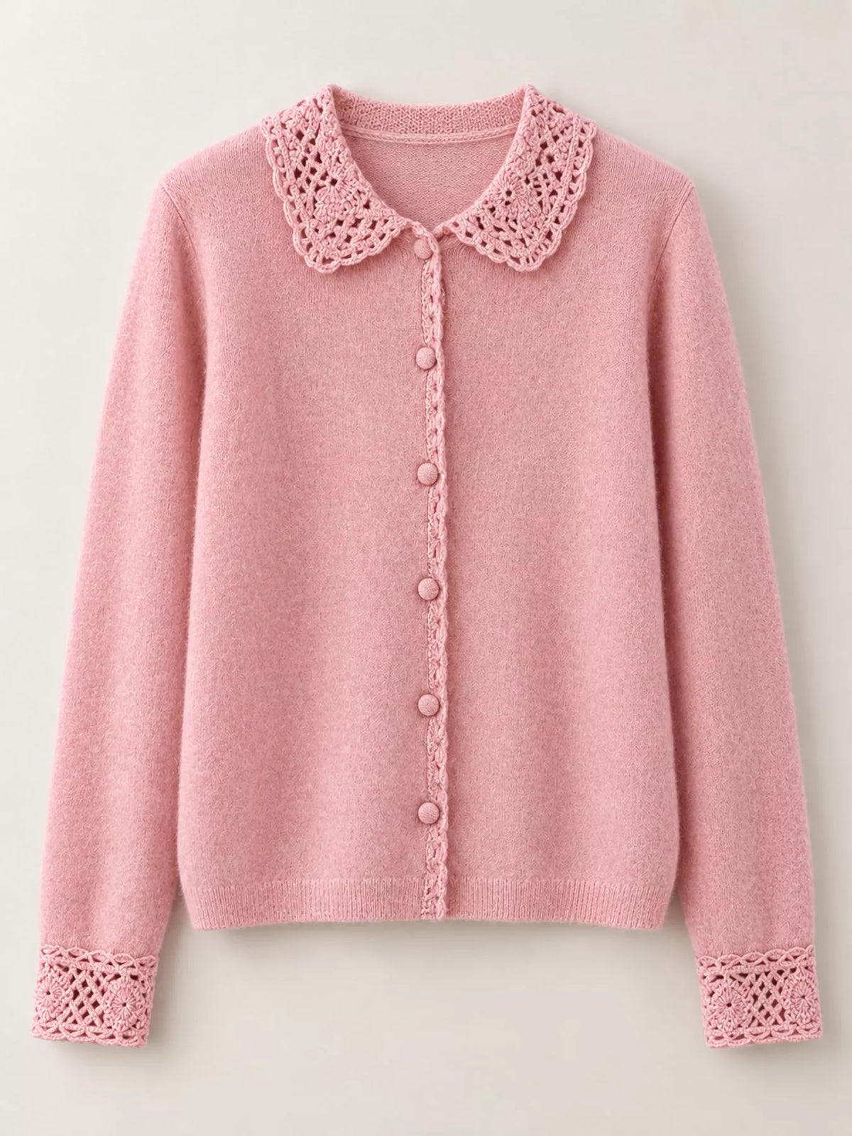 Lace-collar cardigan, pink flat lay