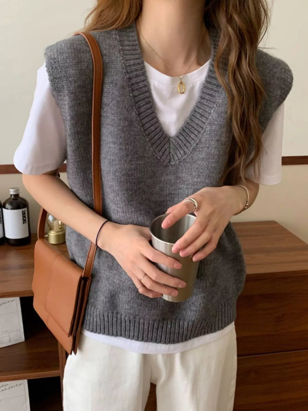Gray v-neck knit sweater vest
