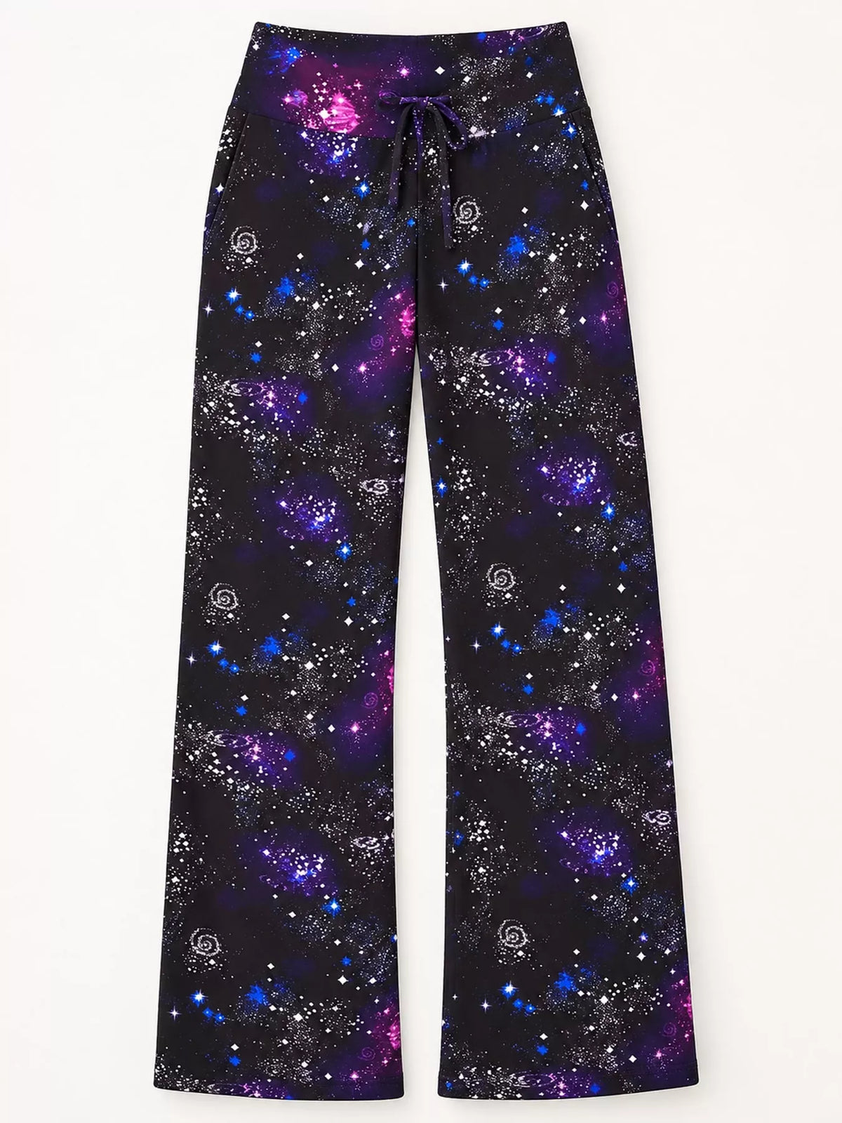 Wide-leg lounge pants, galaxy print flat front