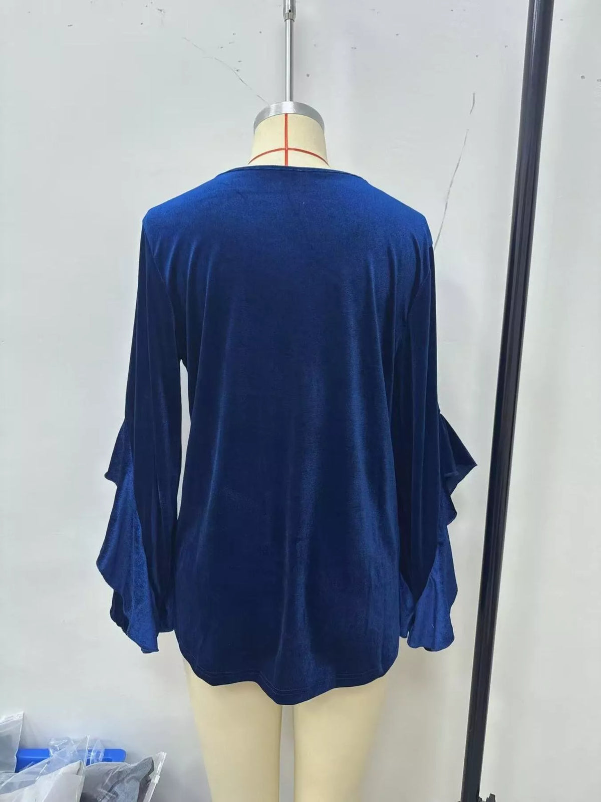 Women's Velvet Round Neck Ruffle Sleeve Top in Black Forest, back view