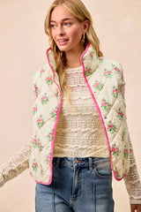 Trendsi BiBi Floral Print Piping Detail Quilted Vest -