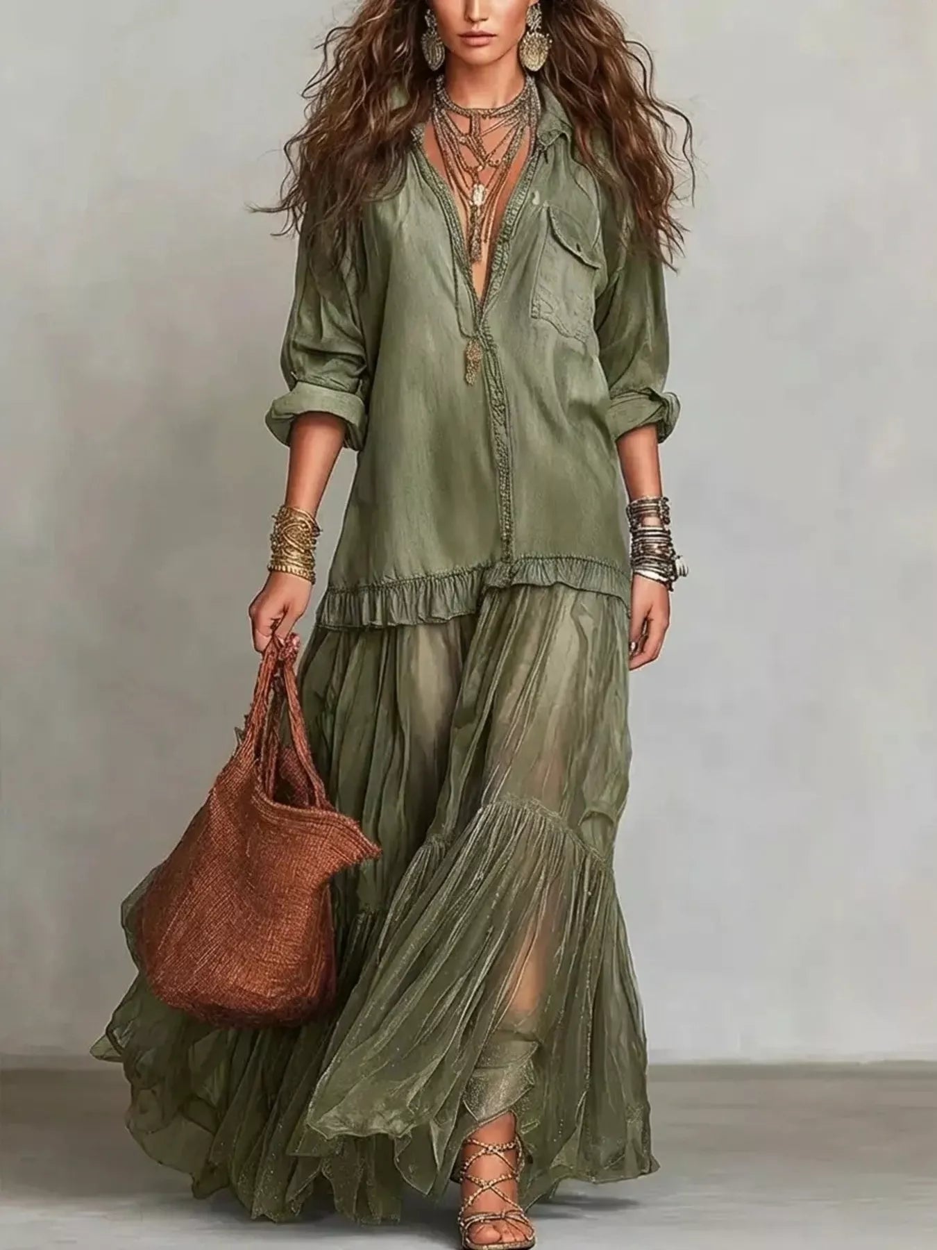 Trendsi Full Size Tiered Long Sleeve Denim Shirt Maxi Dress Plus Size -