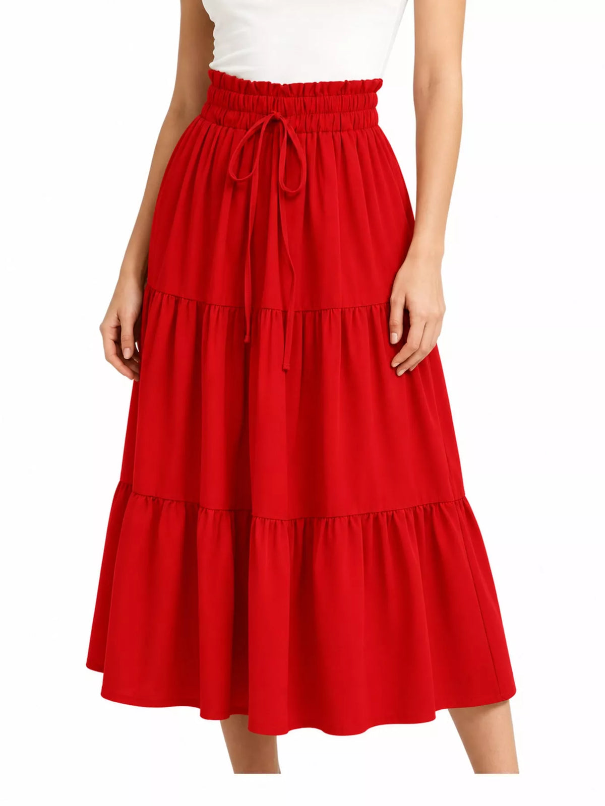 Red drawstring tiered skirt — front view