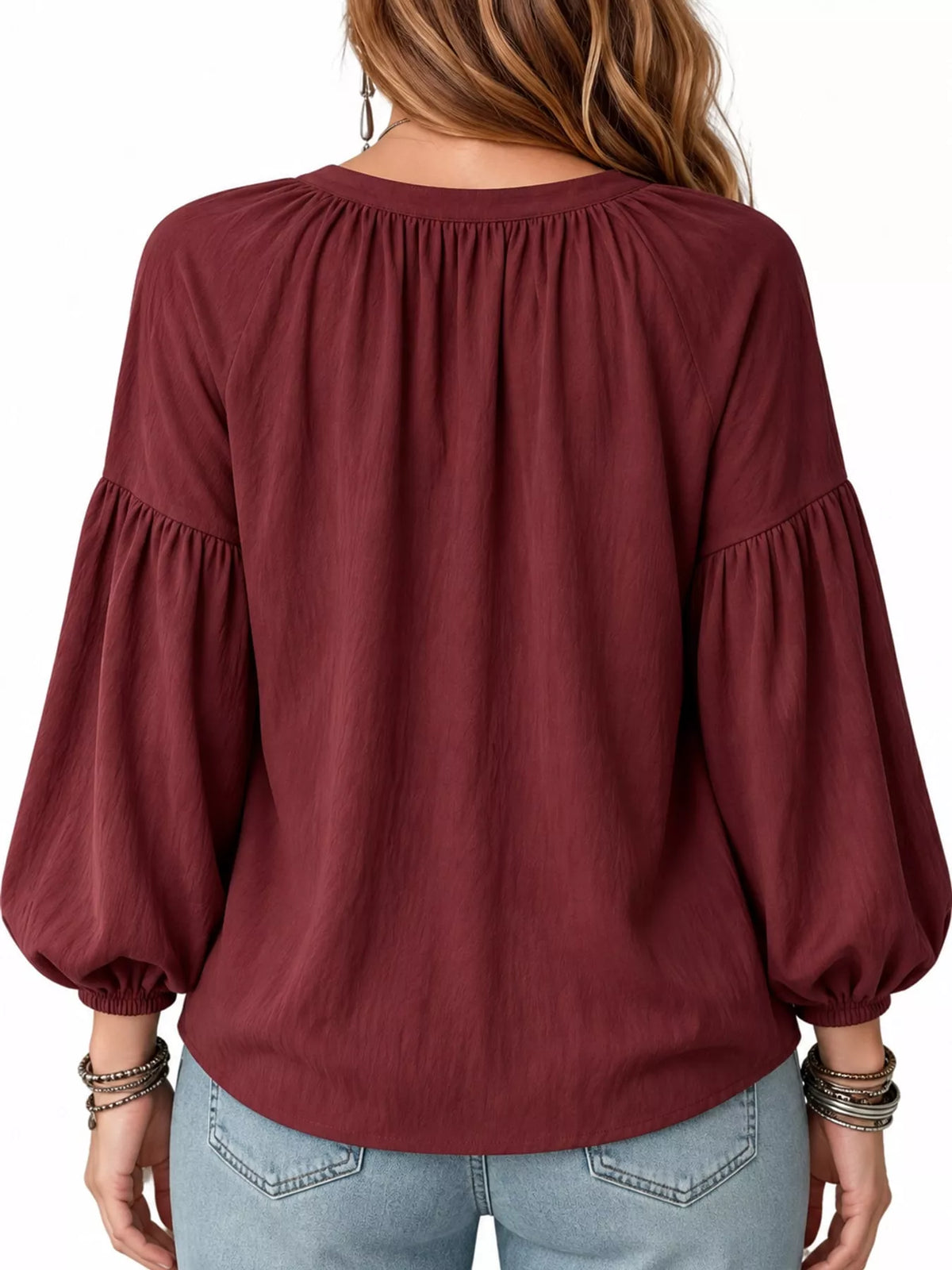 Notched Balloon Sleeve Blouse in burgundy, back view