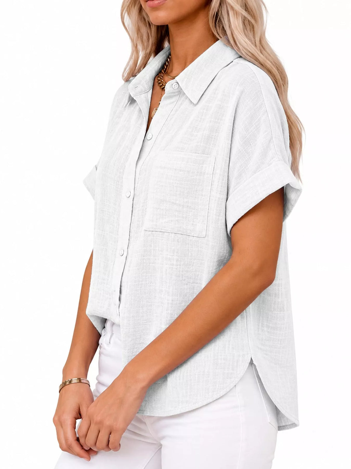 Women's Button Up Short Sleeve Shirt in white — side view