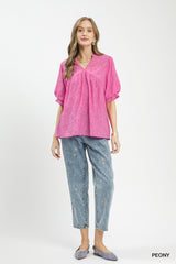 Trendsi Umgee Textured Lace Trim V-Neck Boho Blouse -