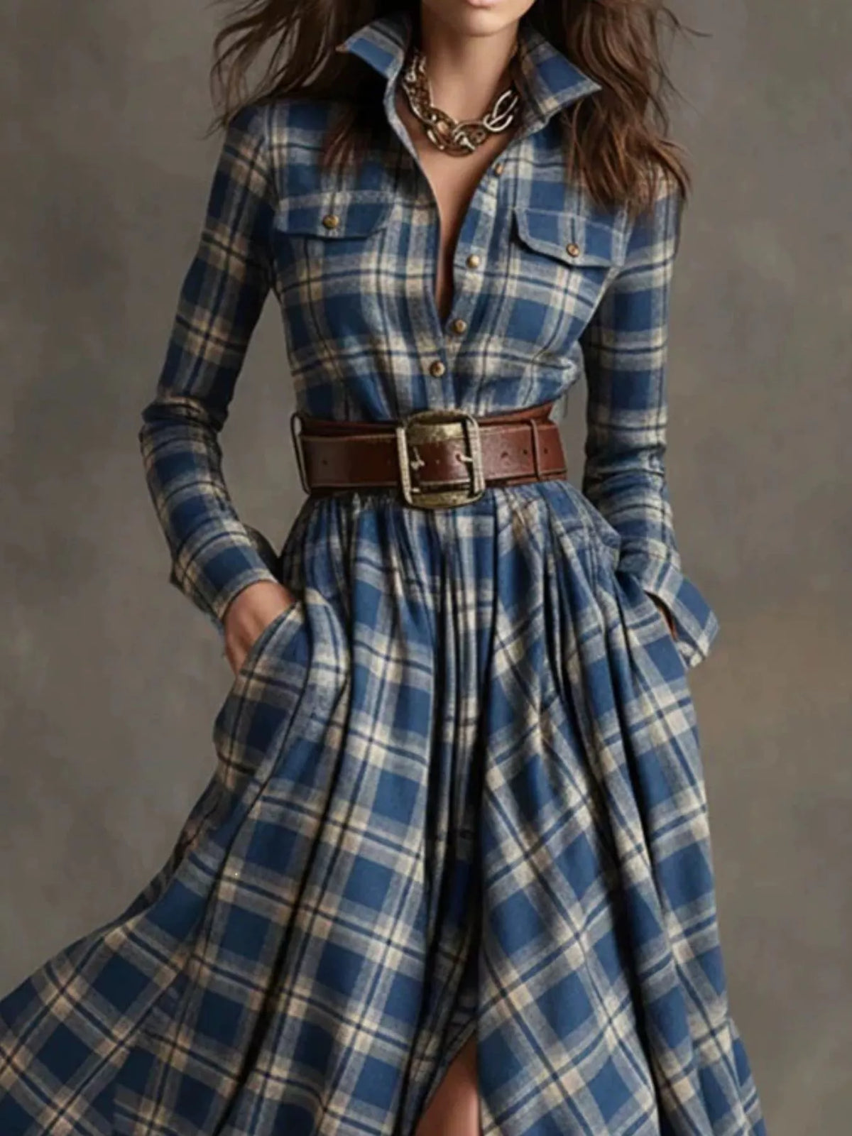 Vintage Plaid Button-Down Maxi Shirt Dress in blue and beige