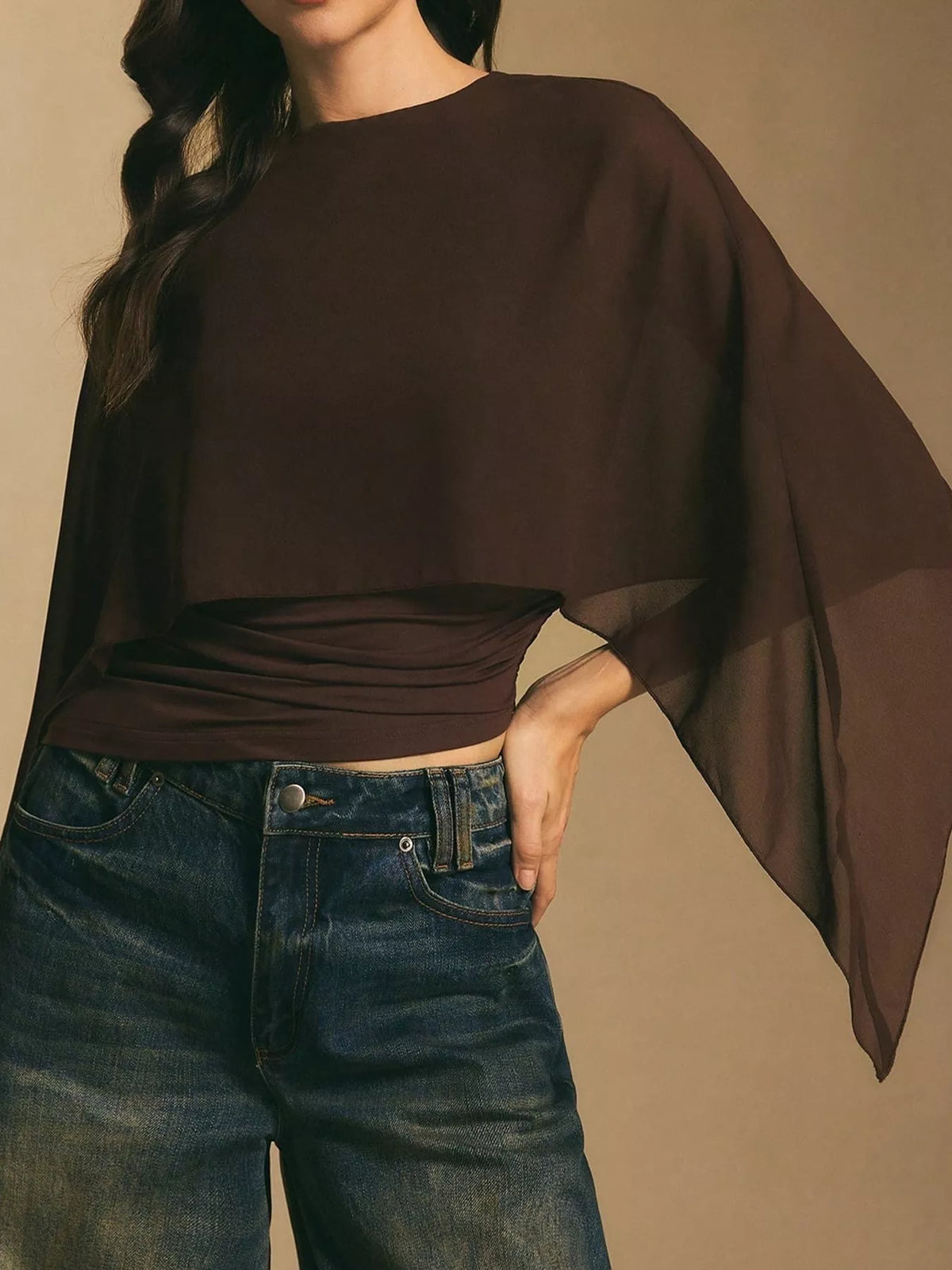 Coffee cape sleeve round neck blouse