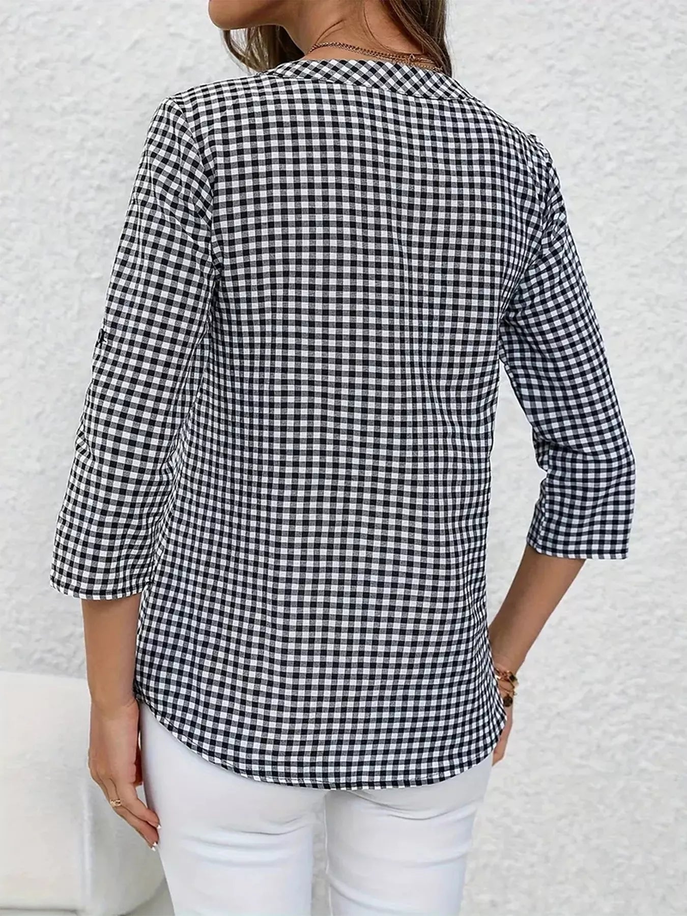 Trendsi Gingham Button Detail Blouse -