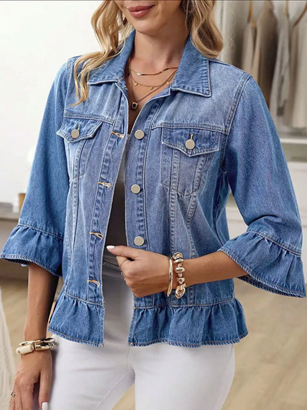 Blue ruffle hem denim jacket, front view