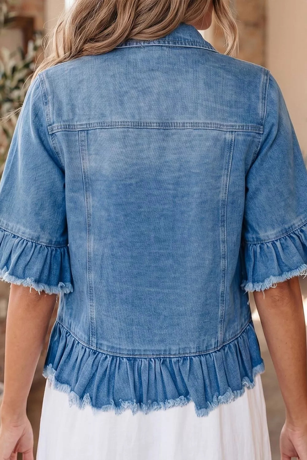 Trendsi Ruffle Hem Raw Edge Half Sleeve Western Denim Jacket -
