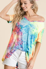 Trendsi BiBi Tie Dye Print Jersey V Neck Top -