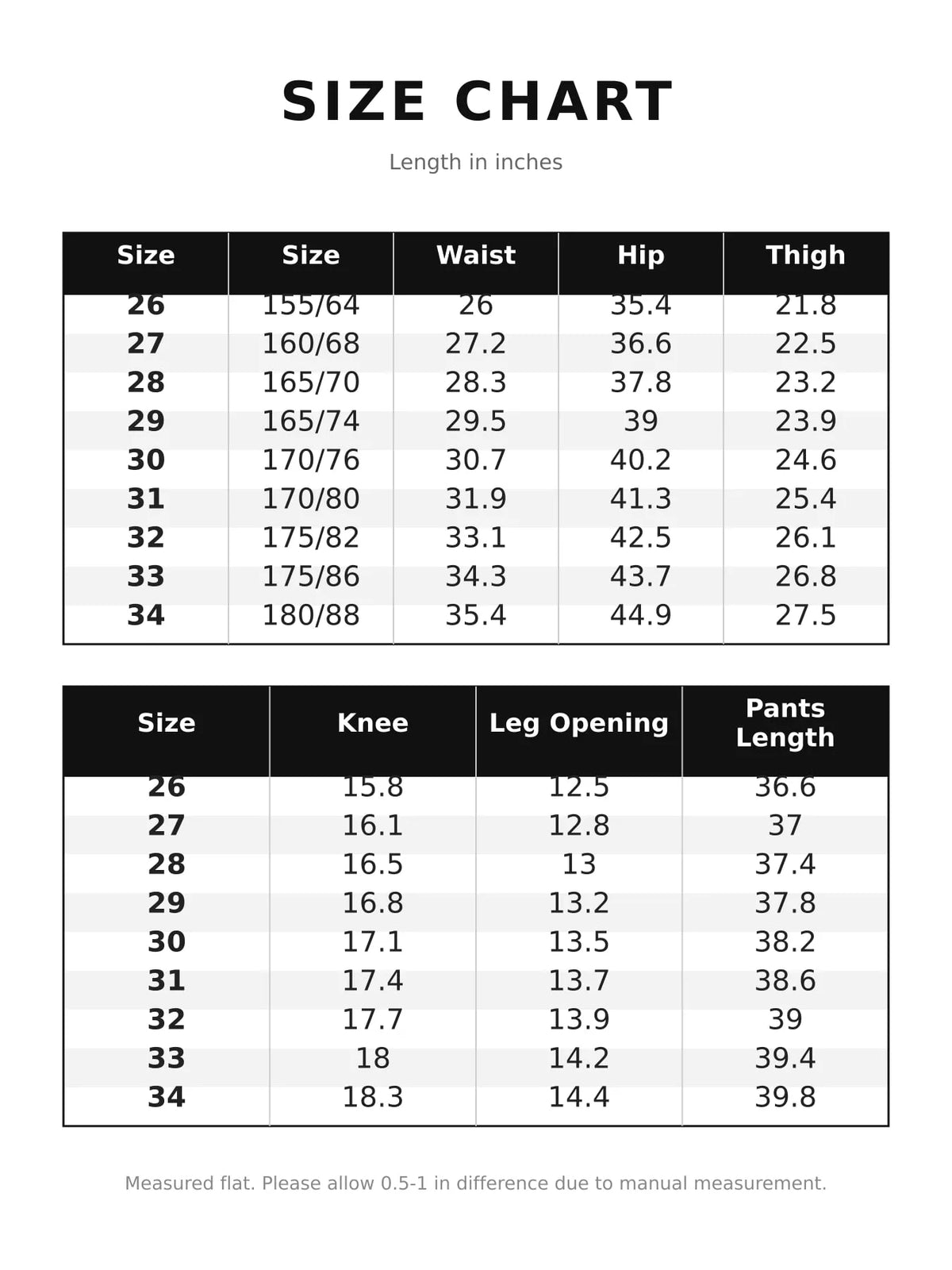 Size chart for straight-leg pants