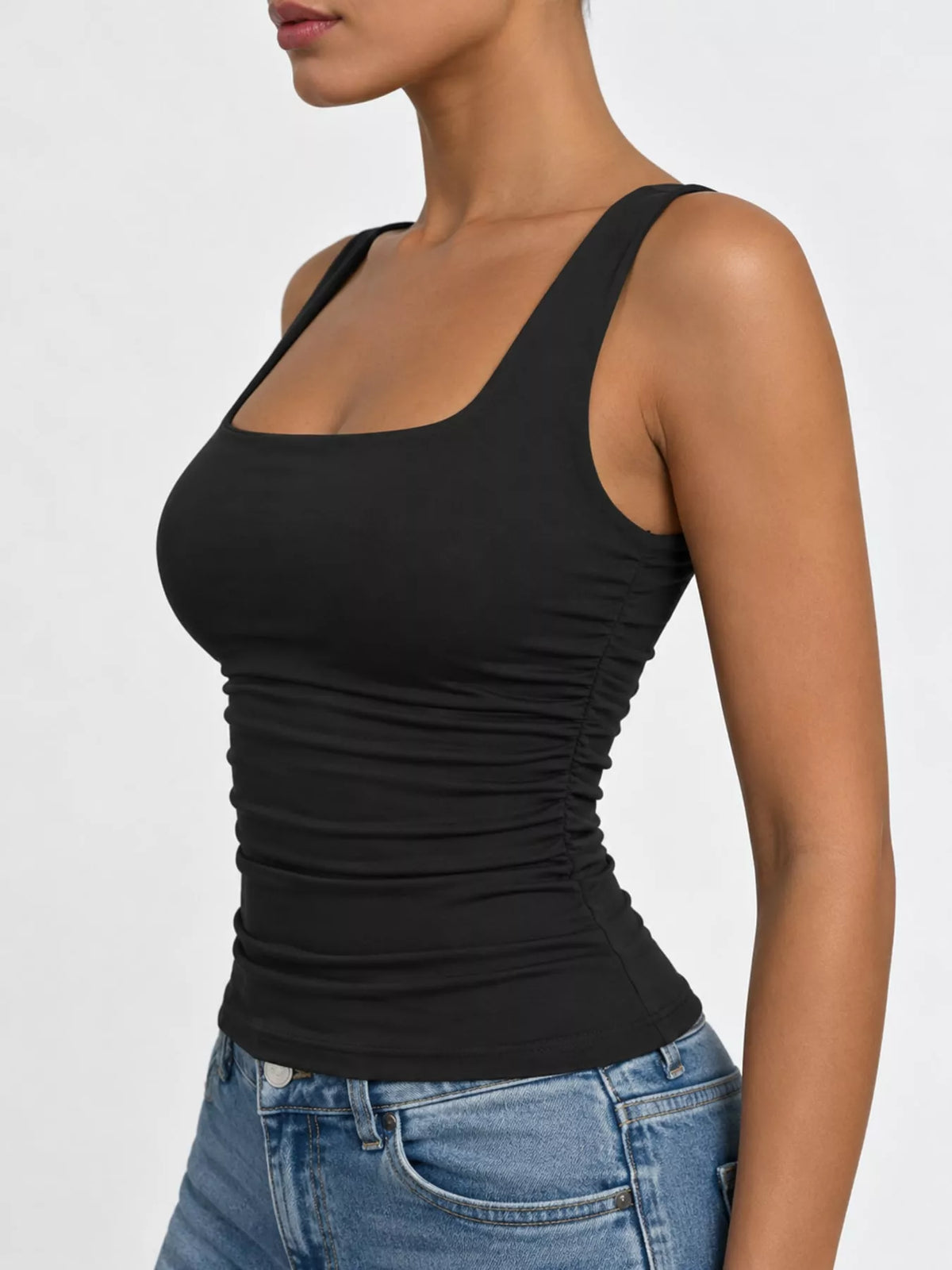 Black square neck ruched slim fit tank top, side view