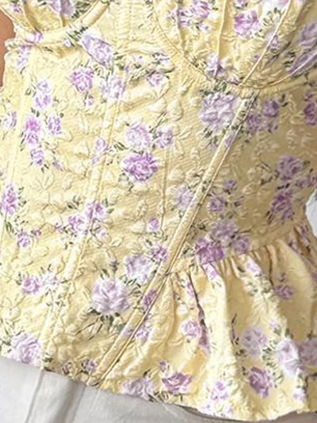Yellow lace up back floral print cami, detail view