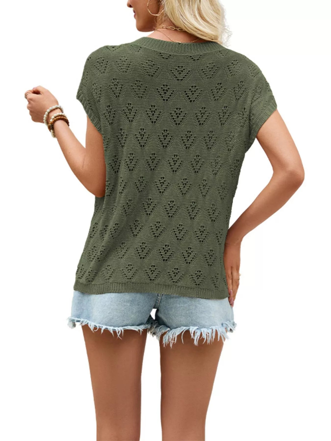 Trendsi Openwork Short Sleeve Knit Top -