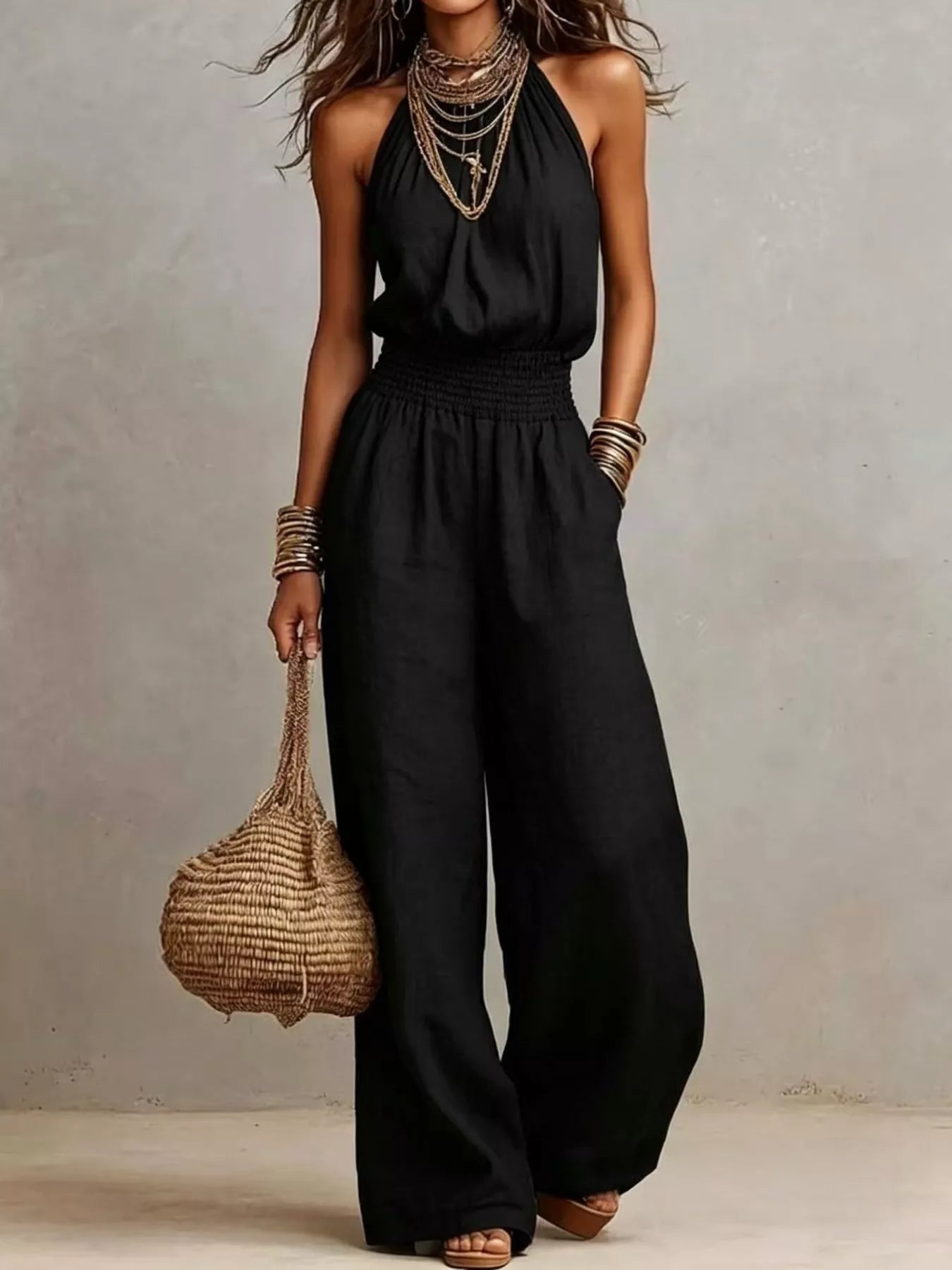 Trendsi Elegant Halter Neck Wide-Leg Jumpsuit -