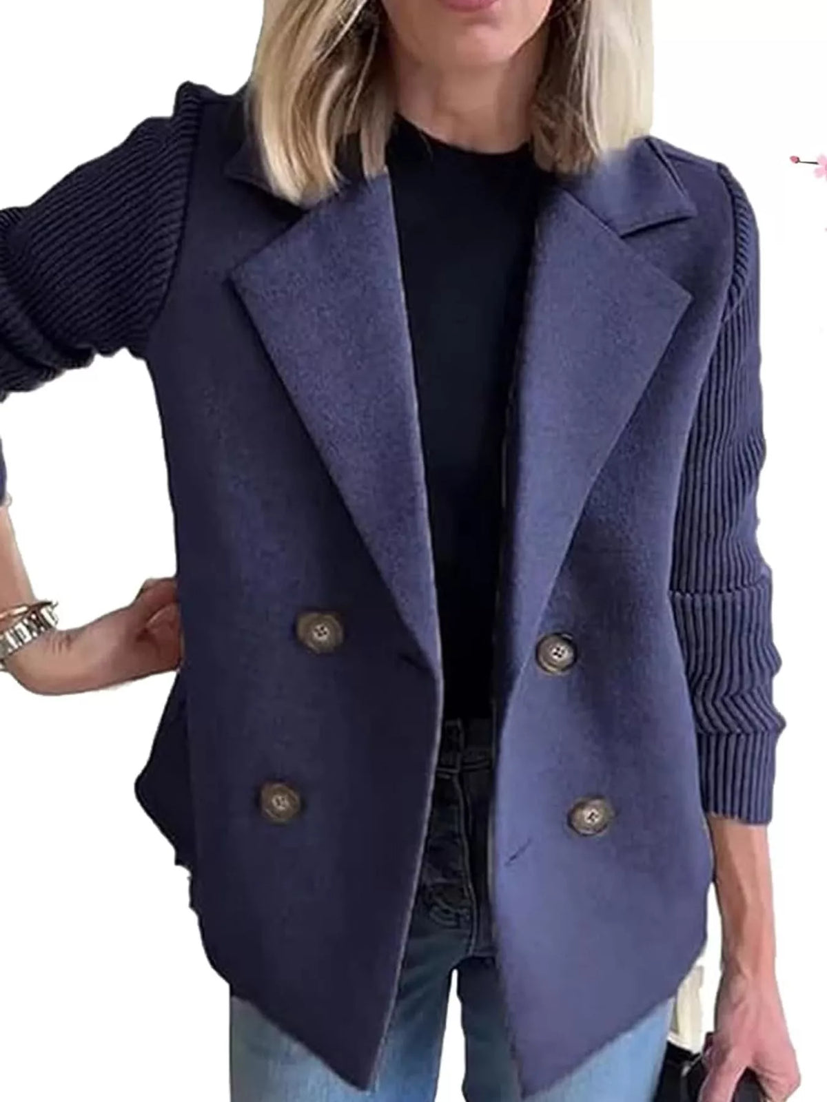 Navy Blue double-breasted blazer with ribbed knit sleeves