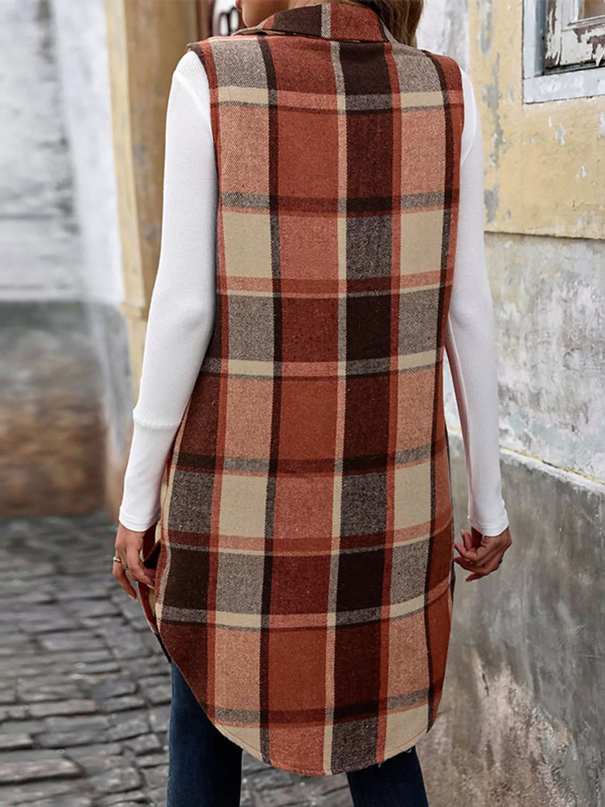 Longline Plaid Button-Down Vest Coat, back view in rust and beige