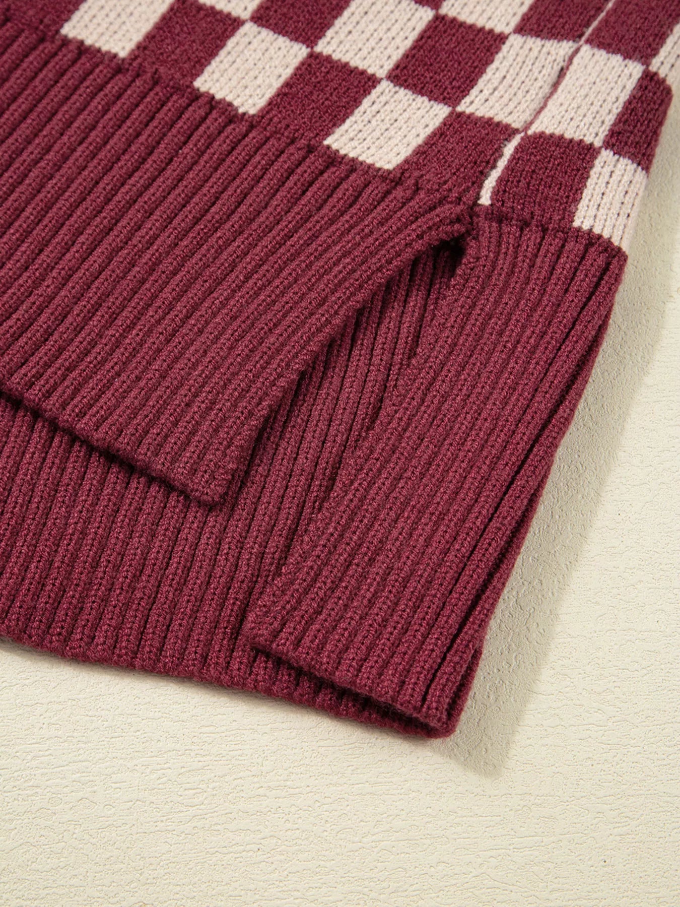 Trendsi Checkered Color Block Knitted Drop Shoulder Sweater -