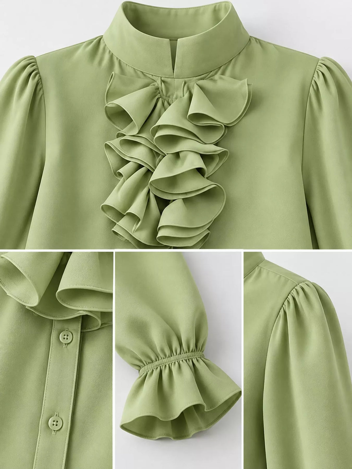 Ruffled Stand-Collar Blouse with Long Lantern Sleeves, collar cuff and placket details