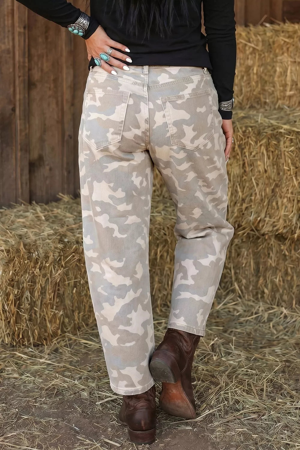 Beige camouflage barrel jeans, front view
