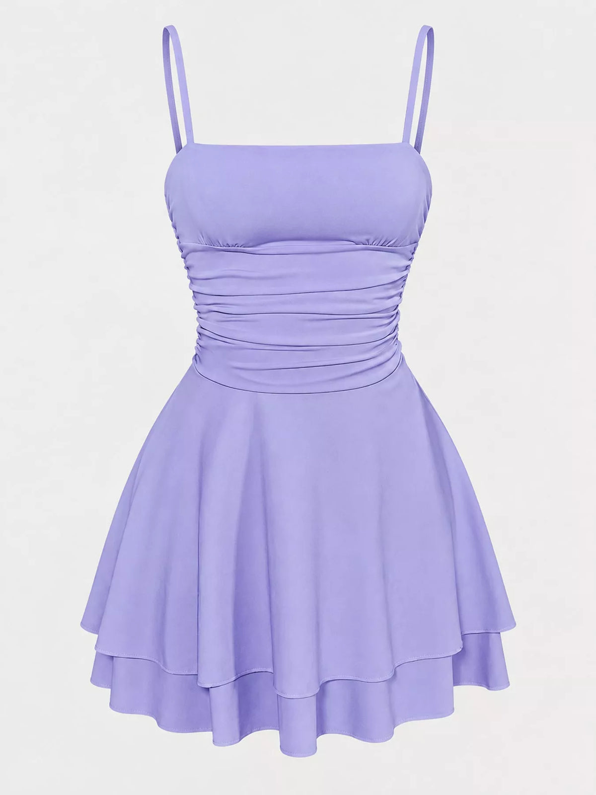 Purple ruched spaghetti strap layered mini dress, front product view