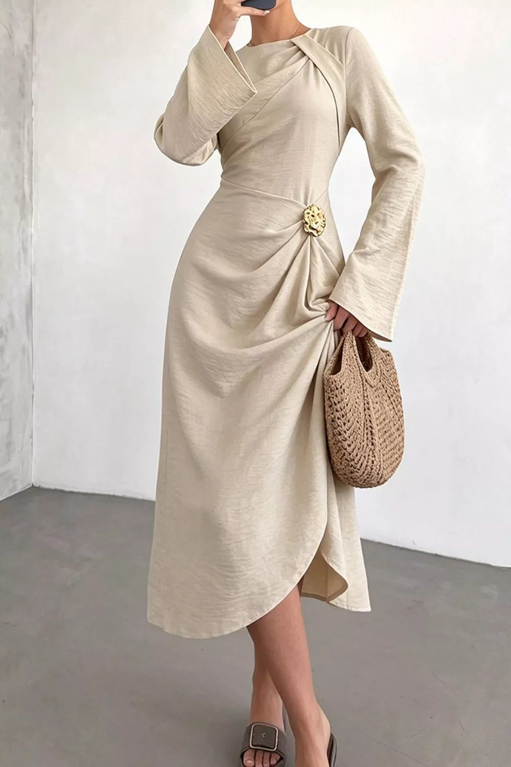 Trendsi Ruched Long Sleeve Midi Dress -