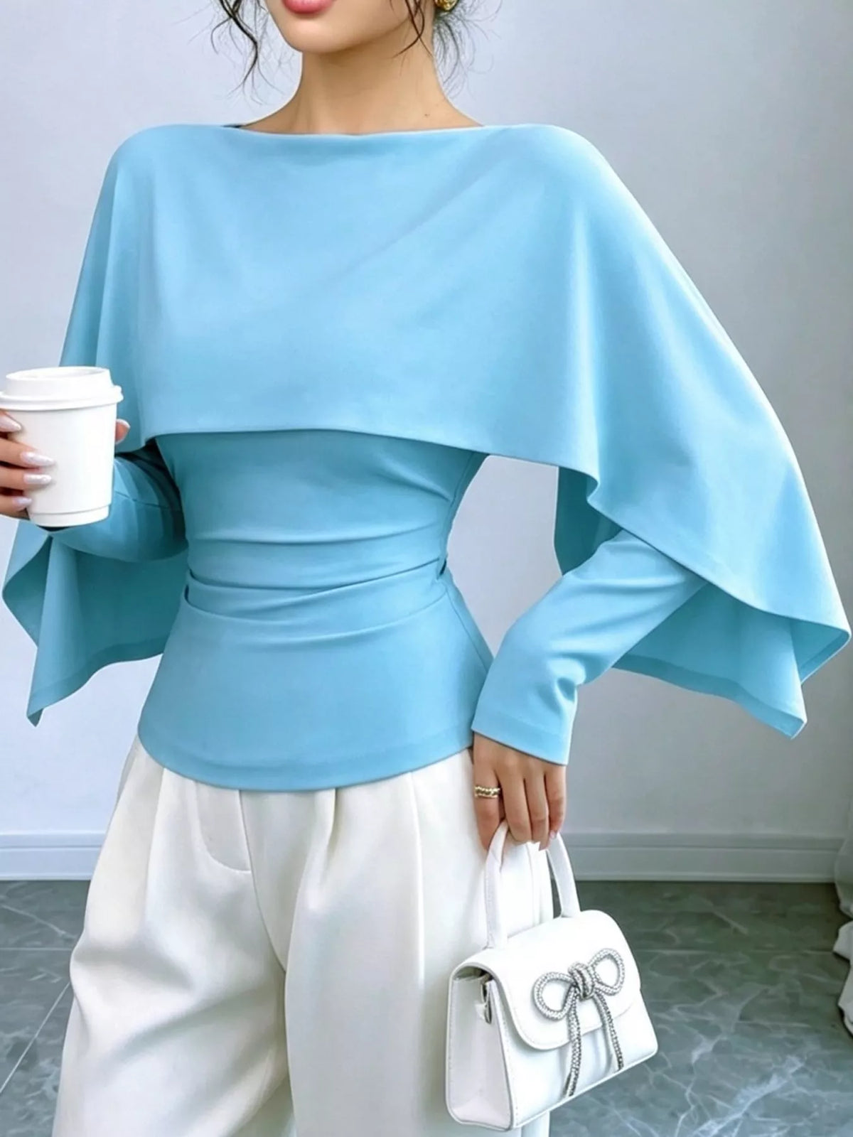 Layered Cape-Style Blouse with Slim-Fit Bodice — front view