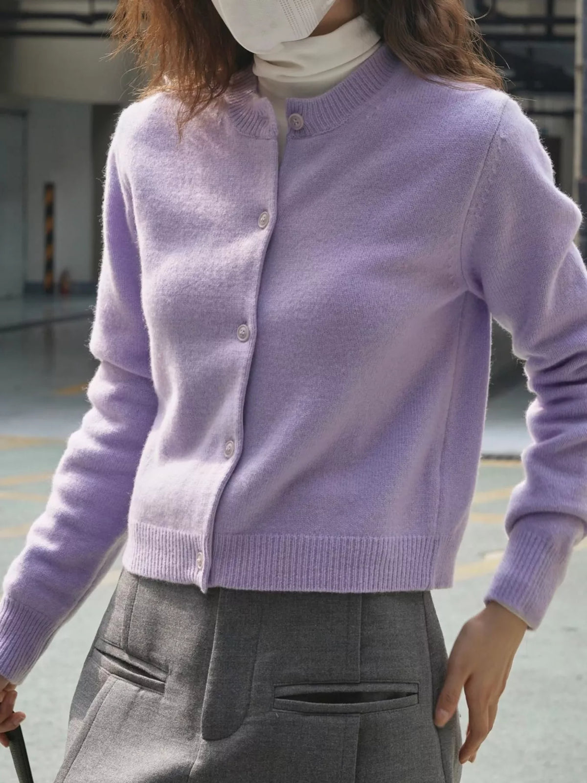 Button-Down Knit Crew Neck Cardigan in purple