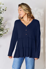 Trendsi Double Take Half Button Long Sleeve Ruffle Hem Blouse - Pants