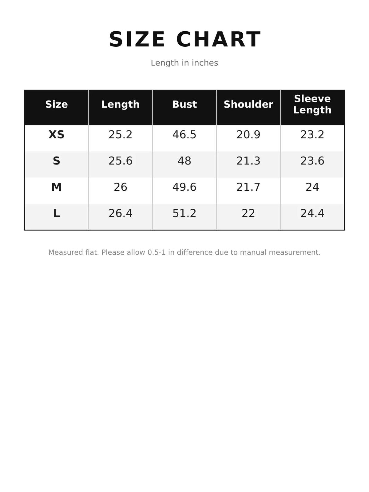 Size chart for zip-up jacket
