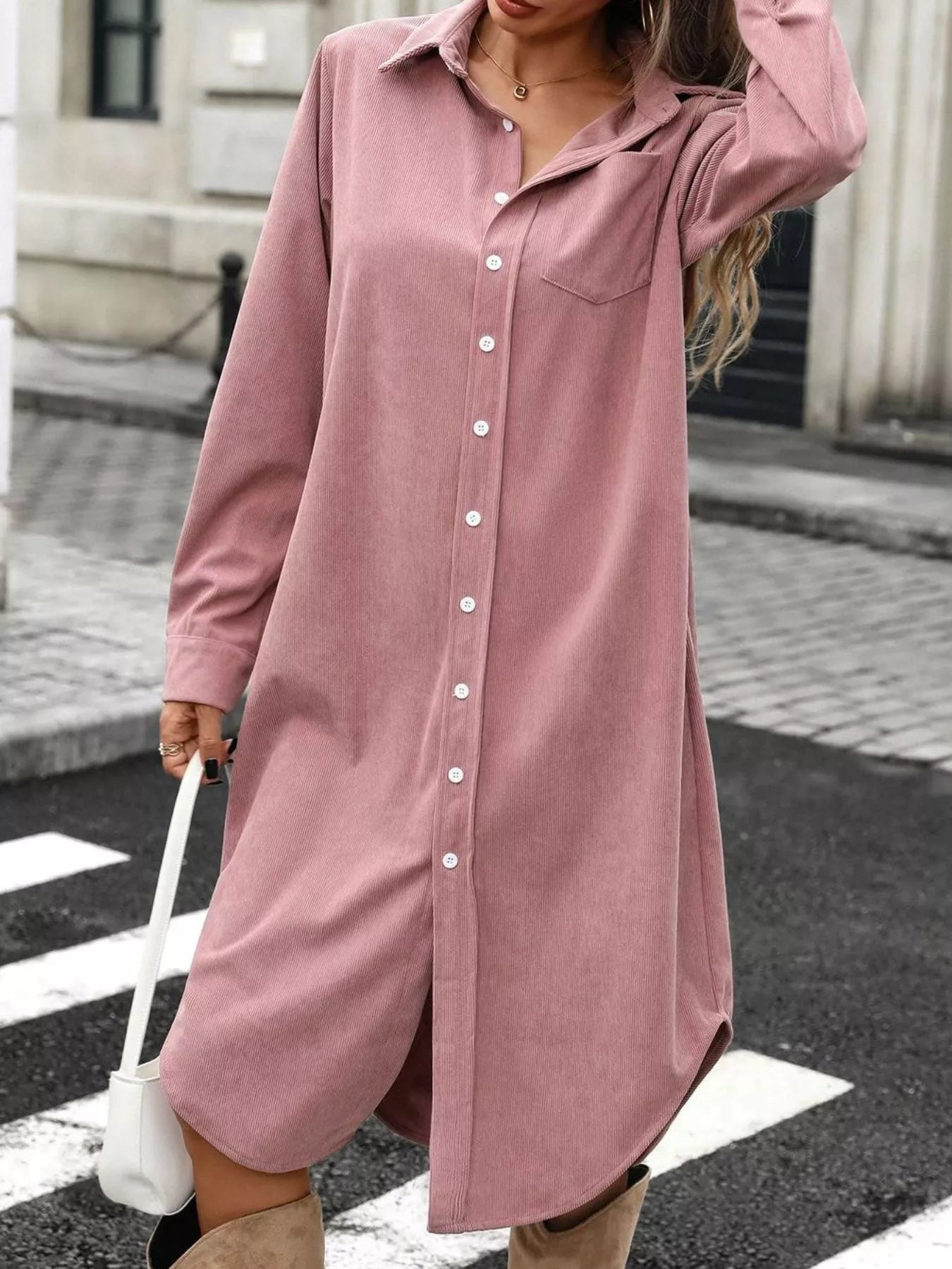 Trendsi Corduroy Shirt Dress with Button-Down Front -